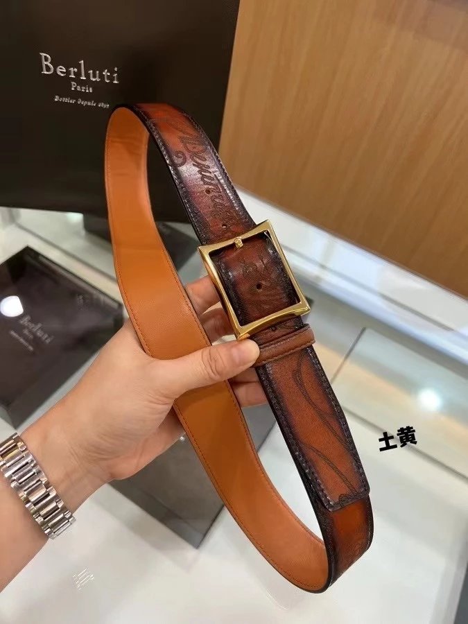 Berluti Belt Top version Original Single Men's New High-End Double-Sided Belt Waist Belt Pure Steel Rotating Pin Buckle Buckle Double-Sided Two-Color Totem Carving Carved Genuine Leather35mm Full Package Belt Men