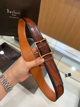 Berluti Belt Top version Original Single Men's New High-End Double-Sided Belt Waist Belt Pure Steel Rotating Pin Buckle Buckle Double-Sided Two-Color Totem Carving Carved Genuine Leather35mm Full Package Belt Men