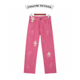 Chrome Hearts Jeans Dopamine Barbie Pink logo25ss Spring Summer New Straight Loose Jeans Unisex Slim Fit Long Pants