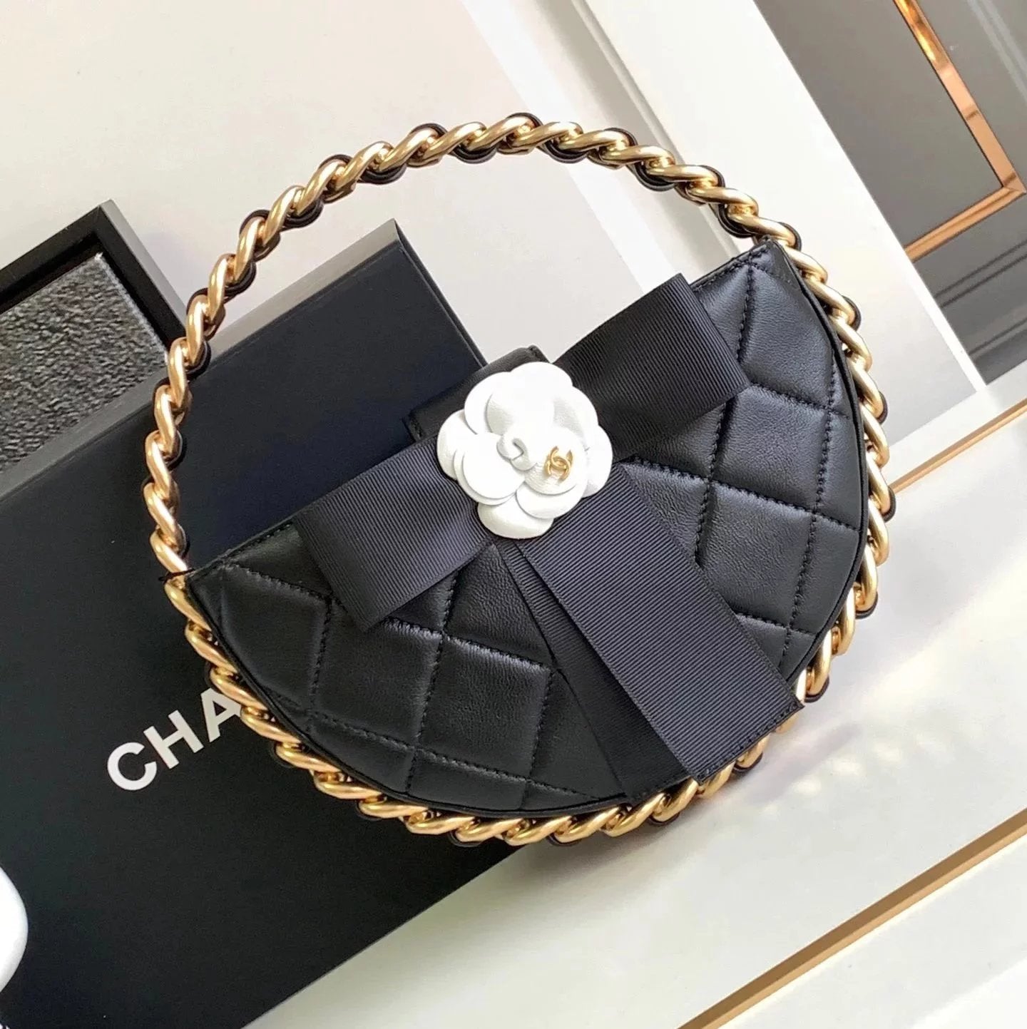 Chanel Women's Bag Top version 【**Original Leather】23K New Camellia Hula Hoop Bag Jennie Same Hula Hoop Wrist Bag Dinner Bag Small Waste Bag