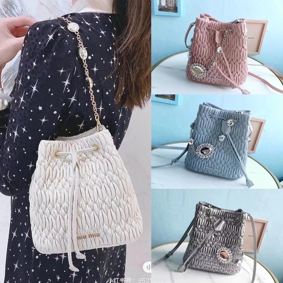 Miu Miu Bag Top version Diamond Bucket Bag2022New Drawstring Bucket Bag9K Glass Stone Crystal Drill Chain5BE050New Crystal Chain Bucket Bag Imported Matelasse Lambskin Classic Embossed Small Flower Removable Metal Imitation Crystal Chain and Leather Lengt