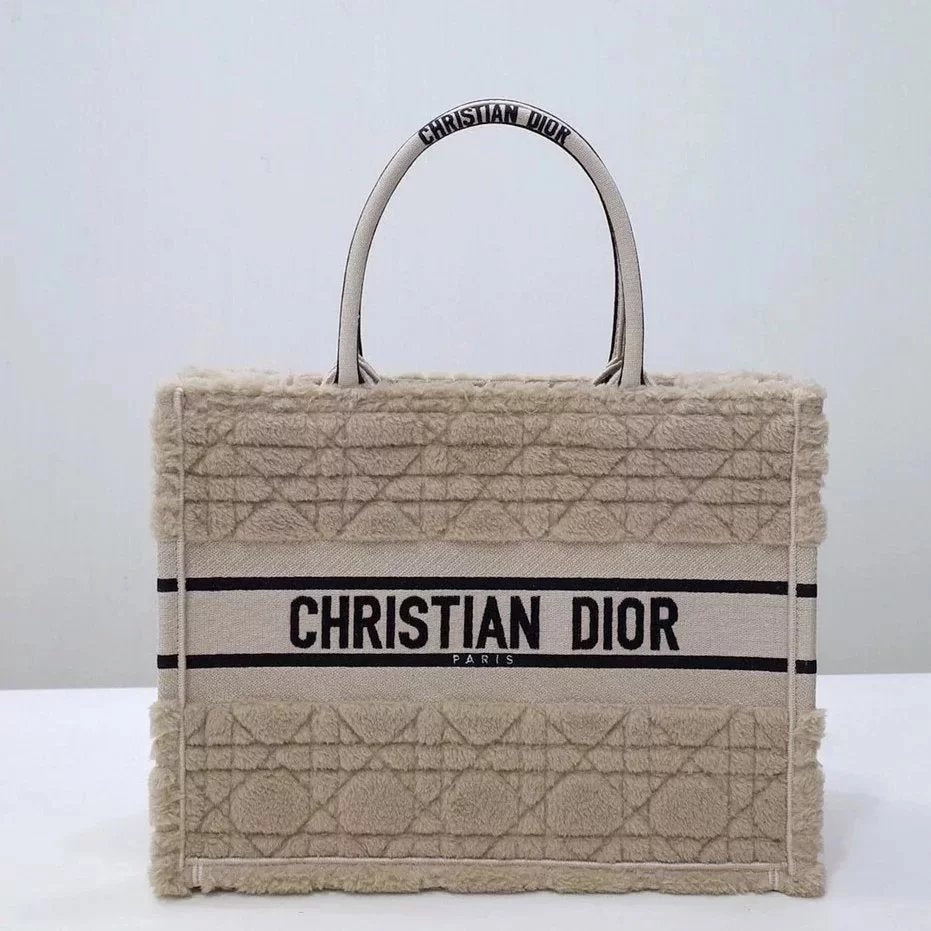 Dior Women's Bag Top version 【New Arrivals】22Lady Nian Booktote Handbag New Lamb Wool Velvet Rhombus Shopping Bag Large Capacity Totes Plush Hand-Carrying Bag Women's Bag