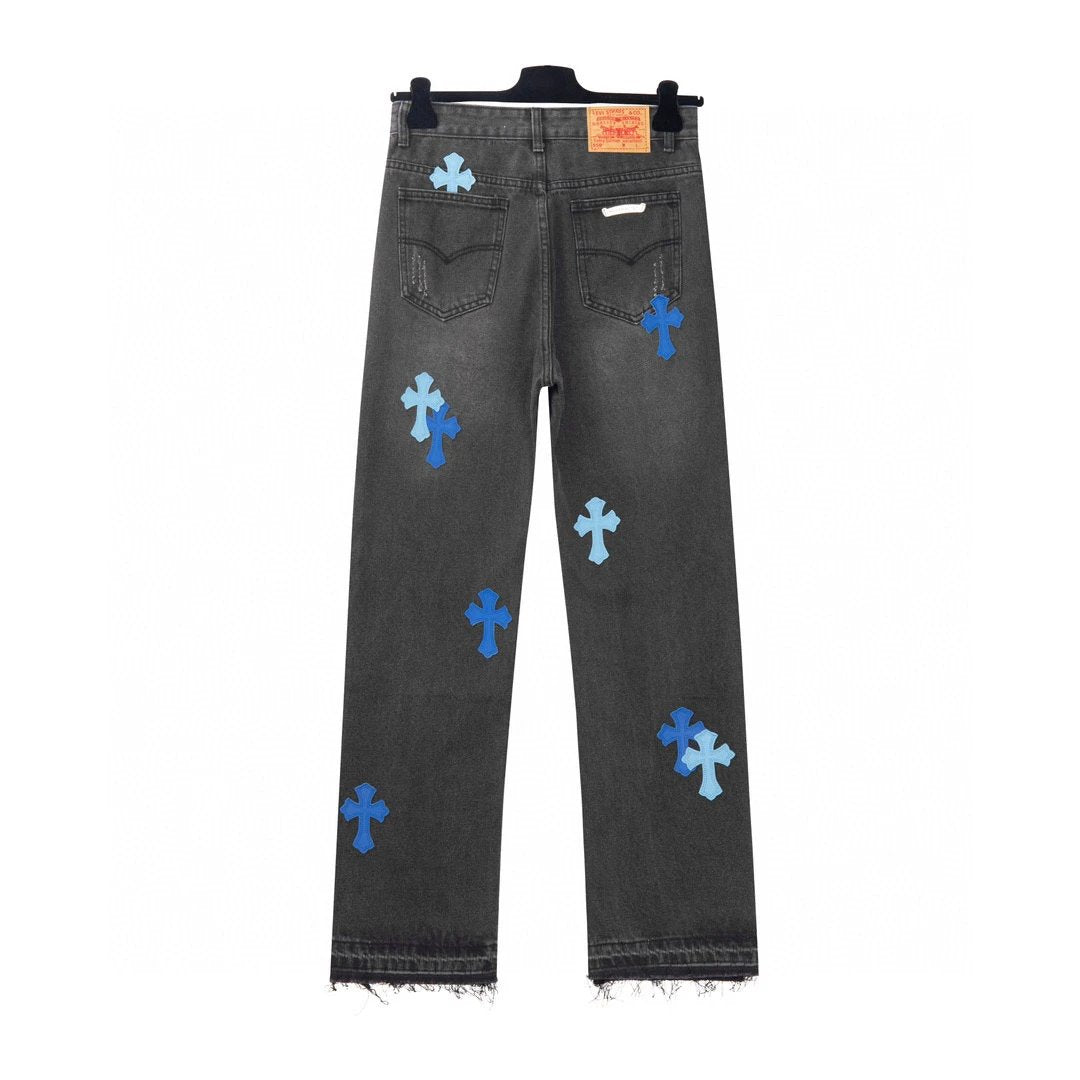 Chrome Hearts Jeans Front and Back Color-Block Cross Stitch Leather logo25ss Spring Summer New Straight Loose Jeans Unisex Slim Fit Long Pants