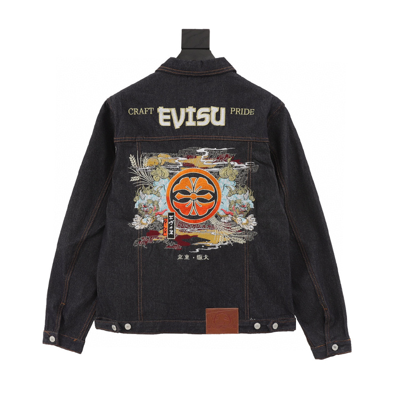 Evisu Jackets Home Flower Embroidery Denim Coat for Men and Women