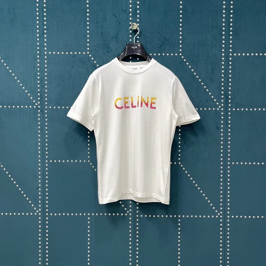 Celine T-shirt Gradient Letter Print on the Chest logo round Neck Short Sleeve25ss New Pure Cotton Unisex Style T Casual T-Shirt Base Layer Shirt OS Loose Fit Half Sleeve Top Plus Size