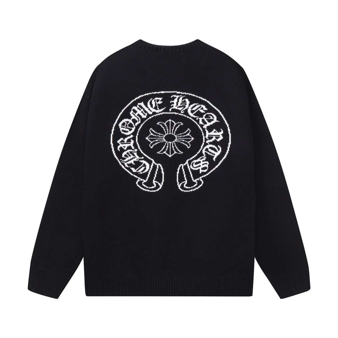 Chrome Hearts Sweater Classic Horseshoe Round Neck Wool Sweater Long Sleeve Thickened Lazy Style OS Loose Fit Unisex Knit Top Jacket Versatile Casual Wearable Inside and Outside