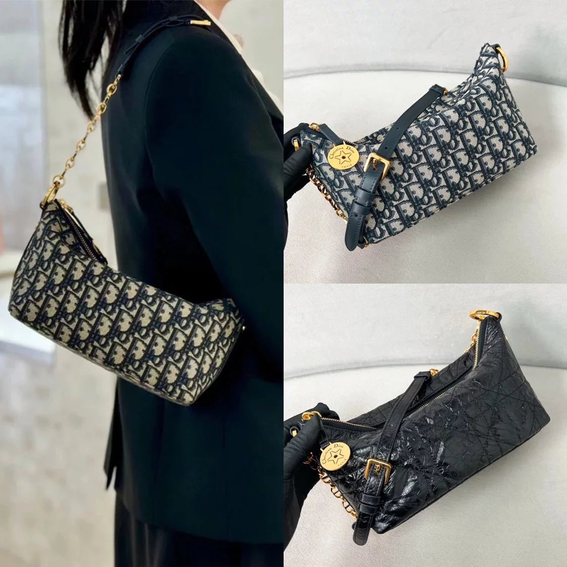 Dior Women's Bag Top version 【Original Leather】New hobo Bag2024New Series StarHobo Chain Handbag Underarm Bag Pleated Cowhide Large Rattan Plaid Oblique Blue Jacquard Fabric New Starhobo Bag hobo Underarm Bag Women's Bag