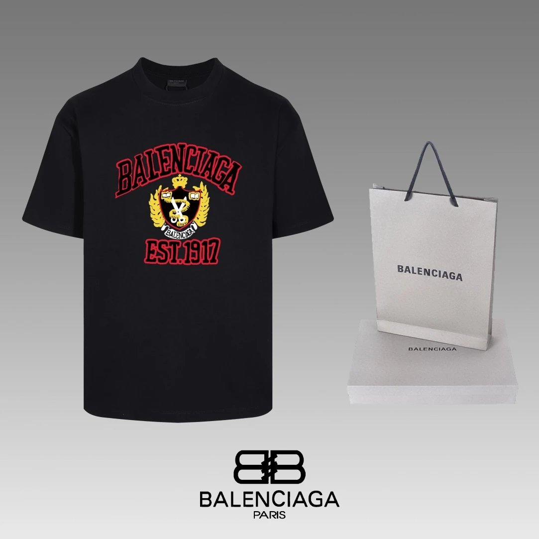 Balenciaga T-shirt Chest Letter Wheat Pattern Print logo round Neck Short Sleeve25ss New Pure Cotton Unisex Style T Casual T-Shirt Base Layer Shirt OS Loose Fit Half Sleeve Top Plus Size