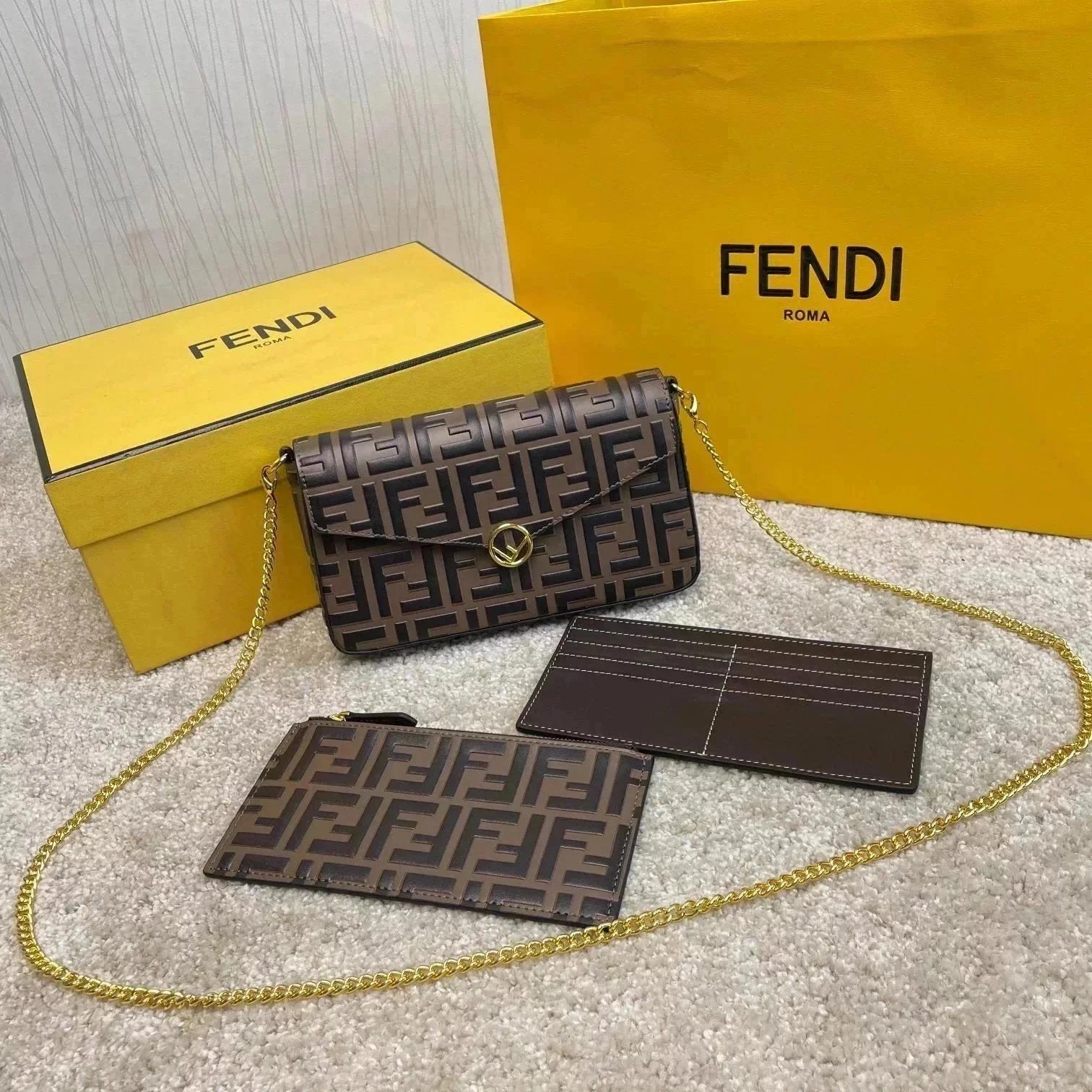 FENDI Women's Bag Top version Three-in-One Embossing WOC Chain Bag Presbyopic LOGO Embossed Double F Underarm Bag Shoulder Crossbody Clutch Women's Bag