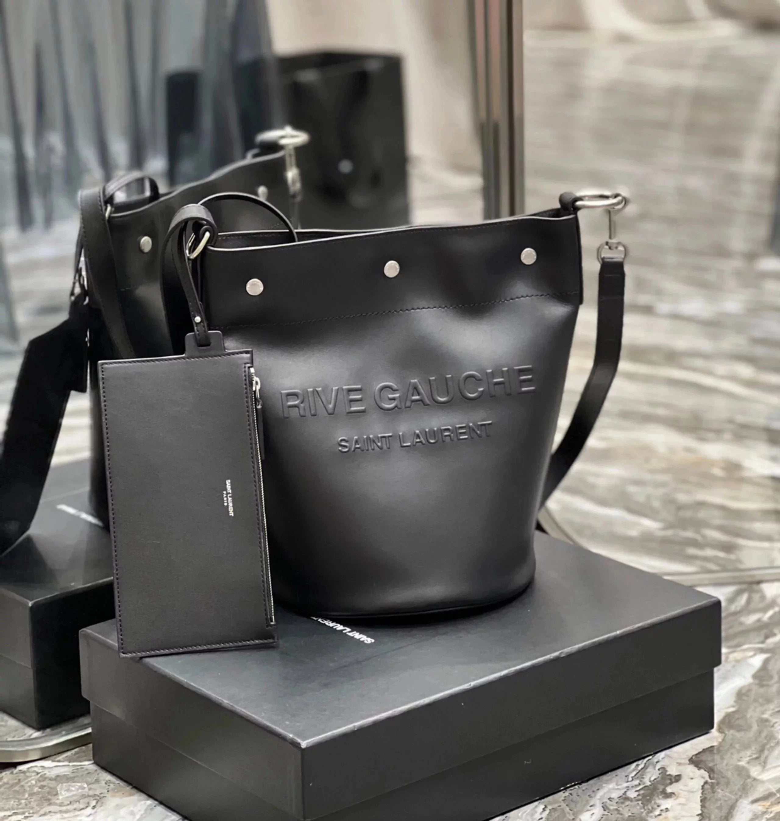 YSL Women's Bag Top version 【New Arrival】Autumn and Winter New Bucket Bag Counter Latest RIVEGAUCHE French Style Cowhide Bucket Bag Mother and Child Bag Messenger Bag Shoulder Bag All Black Bucket Bag New Women's Bag