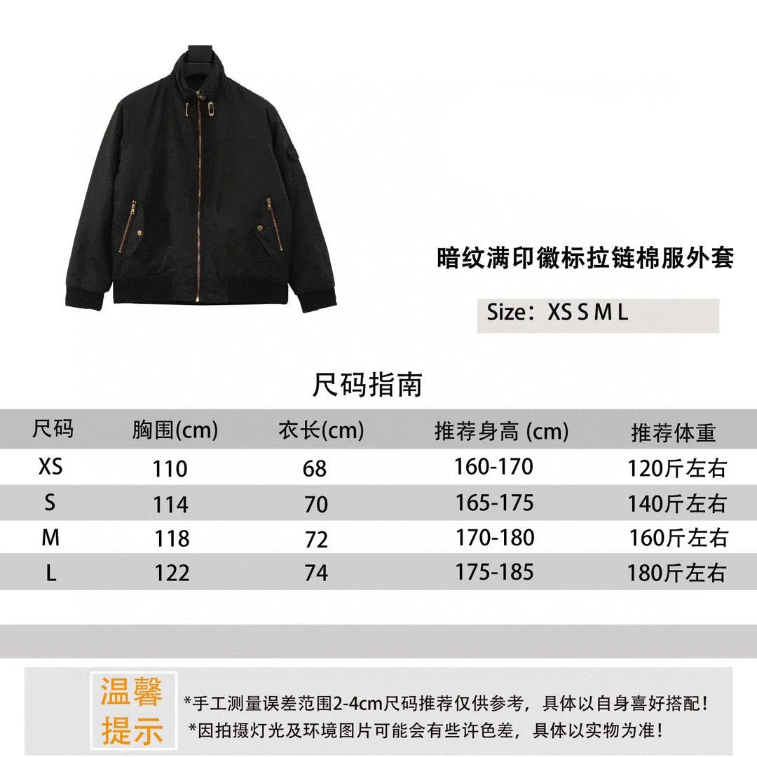 Gucci Jackets Dark Pattern Full Printed Logo Zipped Cotton-Padded Jacket Coat for Men and Women