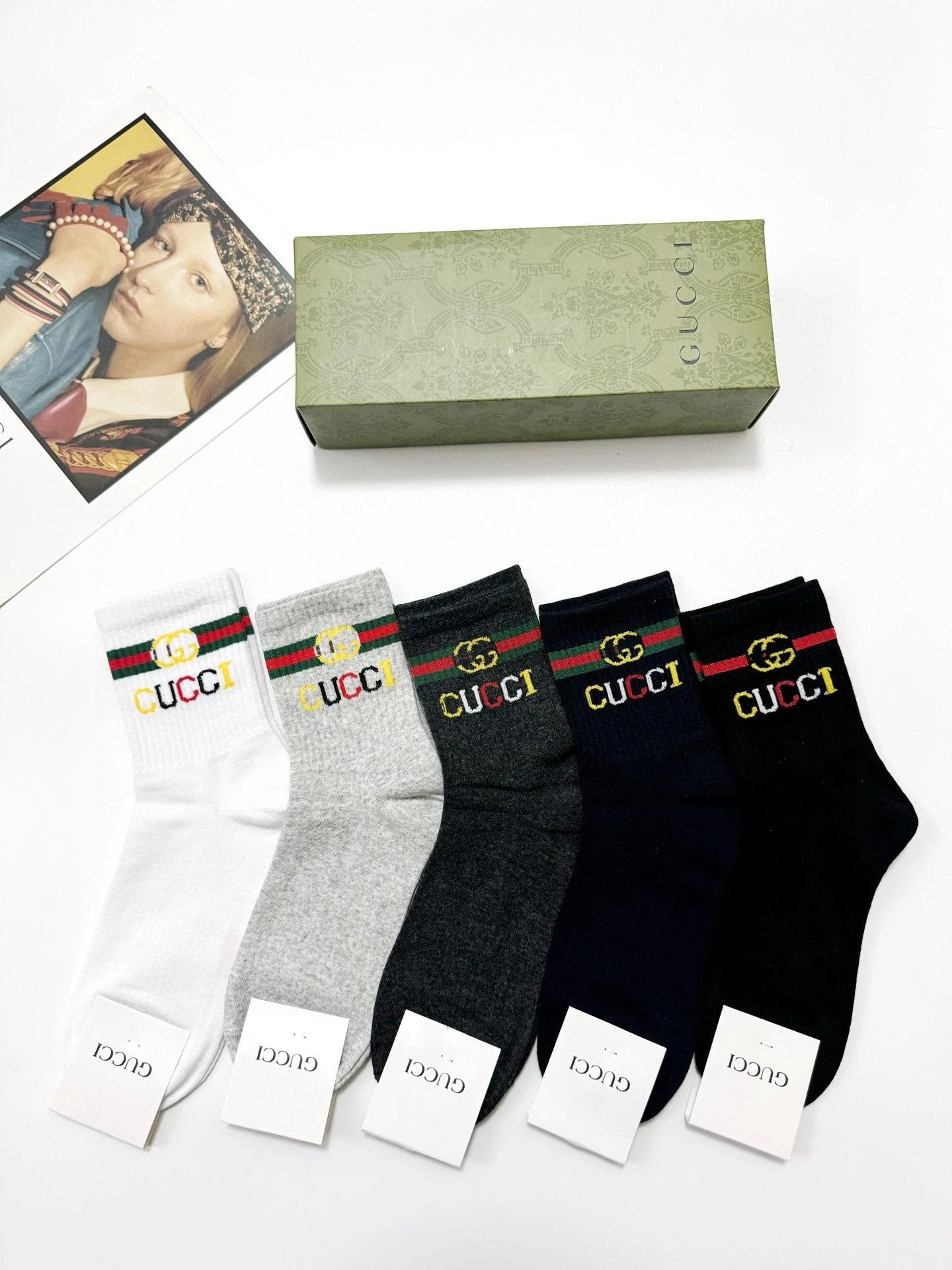 Gucci Sock 【a Box5Double】Classic Letters logo Breathable and stylish pure cotton25ss New Short Cotton Socks Spring Summer Autumn Thin Business Sports Casual Versatile Deodorant Sweat-Absorbing