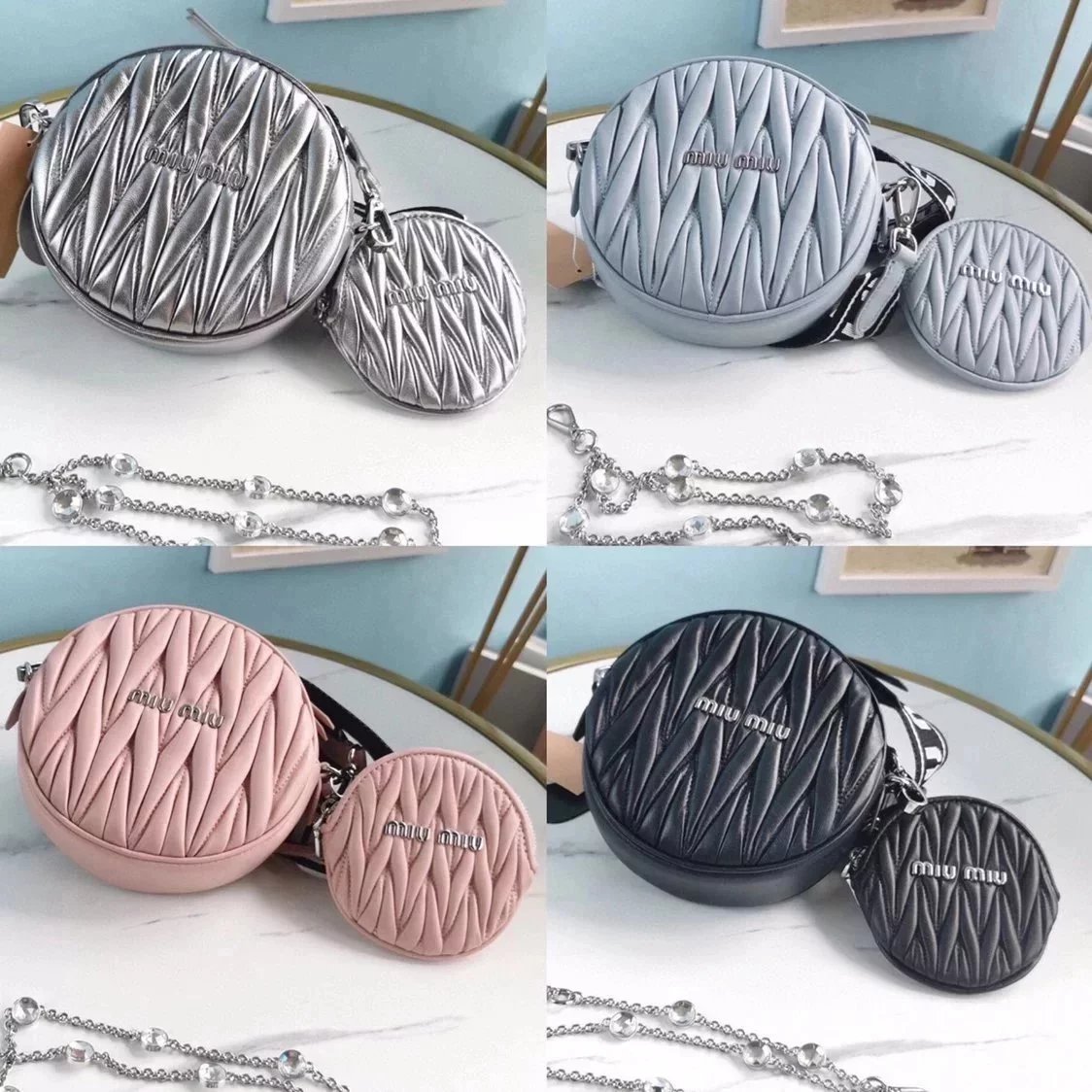 Miu Miu Bag Top version MIU Pleated Small round Biscuit Three-in-One Diamond Chain Bag Mother Bag Waist Bag Crossbody Bag