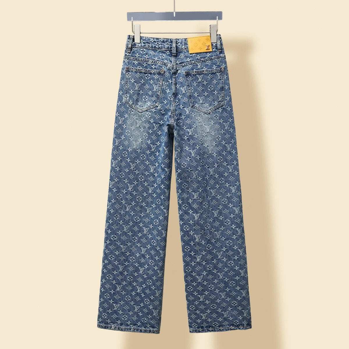 Louis Vuitton LV Jeans Full Print Monoqram Jacquard Pattern Straight Washed Denim Pants Women Casual Versatile