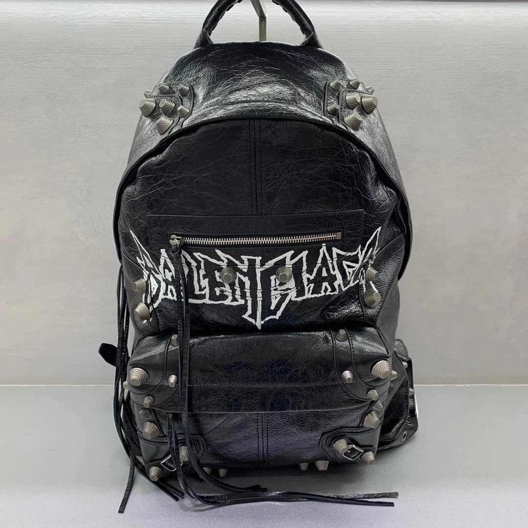 Balenciaga Bag Top version 【Ceiling Grade Original Leather Cabinet Version】24New Graffiti Studded Backpack Men's Backpack Hiking Backpack Men's Backpack New Rivets Motorcycle Backpack Motorcycle Backpack Motorcycle Bag Men