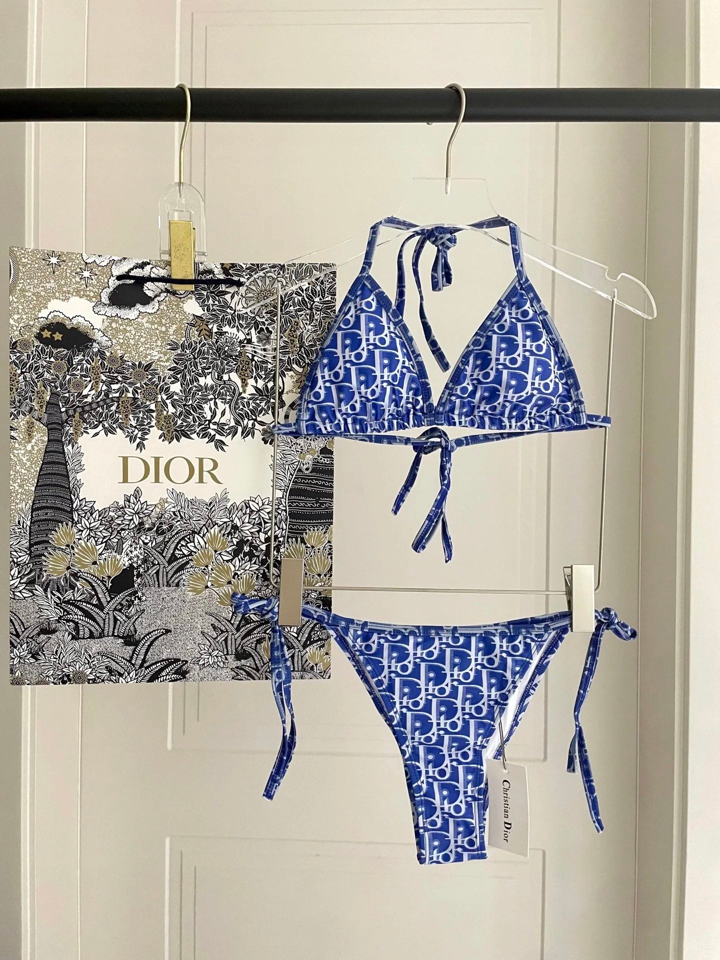 Dior Swimsuit Full-Length Letter Print Bikini Two-Piece Swimsuit Sexy Backless White Small Chest Gathered Beach Pool Women's Swimwear Vacation Hot Spring