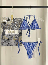 Dior Swimsuit Full-Length Letter Print Bikini Two-Piece Swimsuit Sexy Backless White Small Chest Gathered Beach Pool Women's Swimwear Vacation Hot Spring