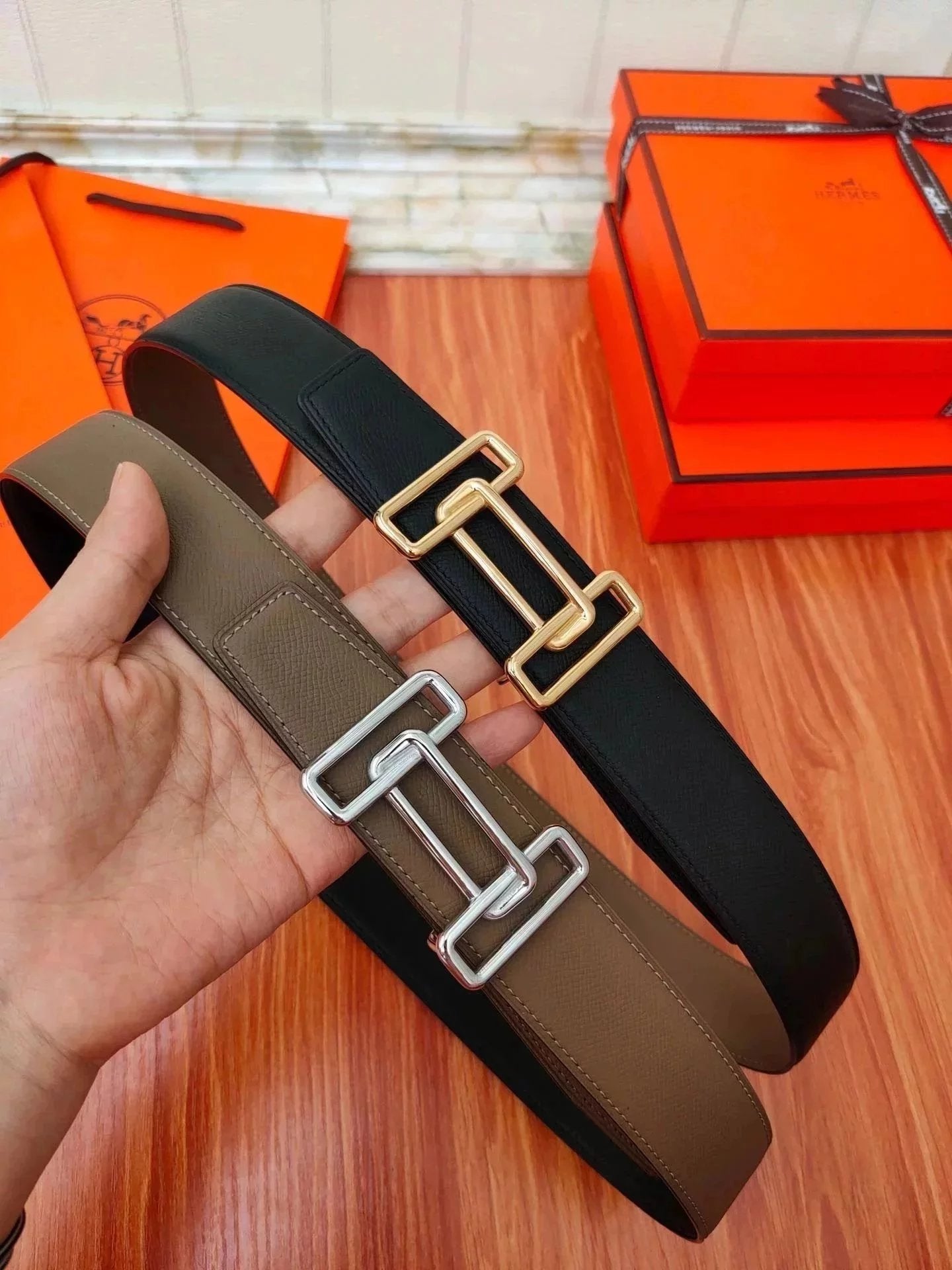Hermes Belt Top version New Special Offer Belt Men's Imported Cowhide H Belt Loop Cross Pattern Double-Sided Available I-Shaped Pants Belt