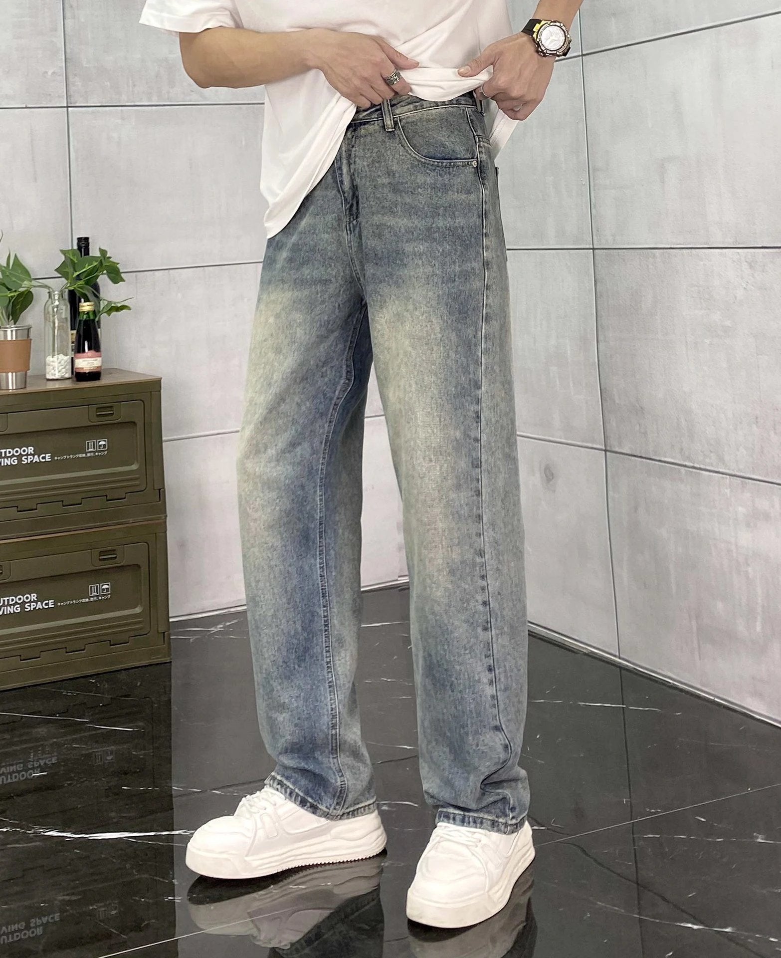 Balenciaga Jeans Double Waistband B Leather tag logo Straight Washed Blue Jeans Autumn Winter New Unisex Straight Long Pants Loose Casual Wide Leg High Waist