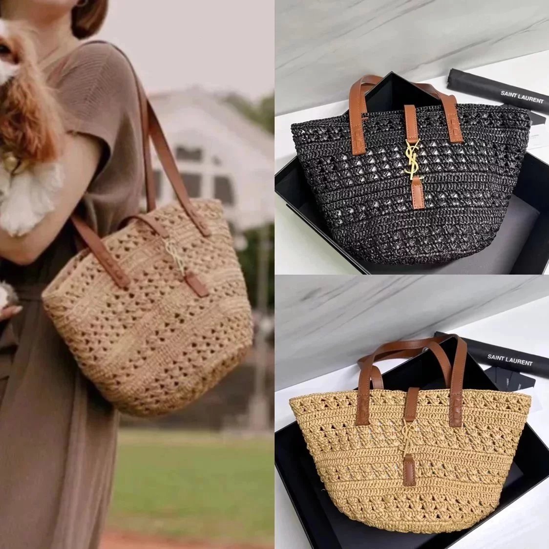 YSL Women's Bag Top version 【New Arrival】Latest Straw Bag SaintLaurentRaffiaTote Bag Shopping Bag Vegetable Basket Raffia Woven Bag Women's Bag Beach Bag Embellished Cowhide Leather Bag Strap and Buckle Bag Body Is Relatively Soft