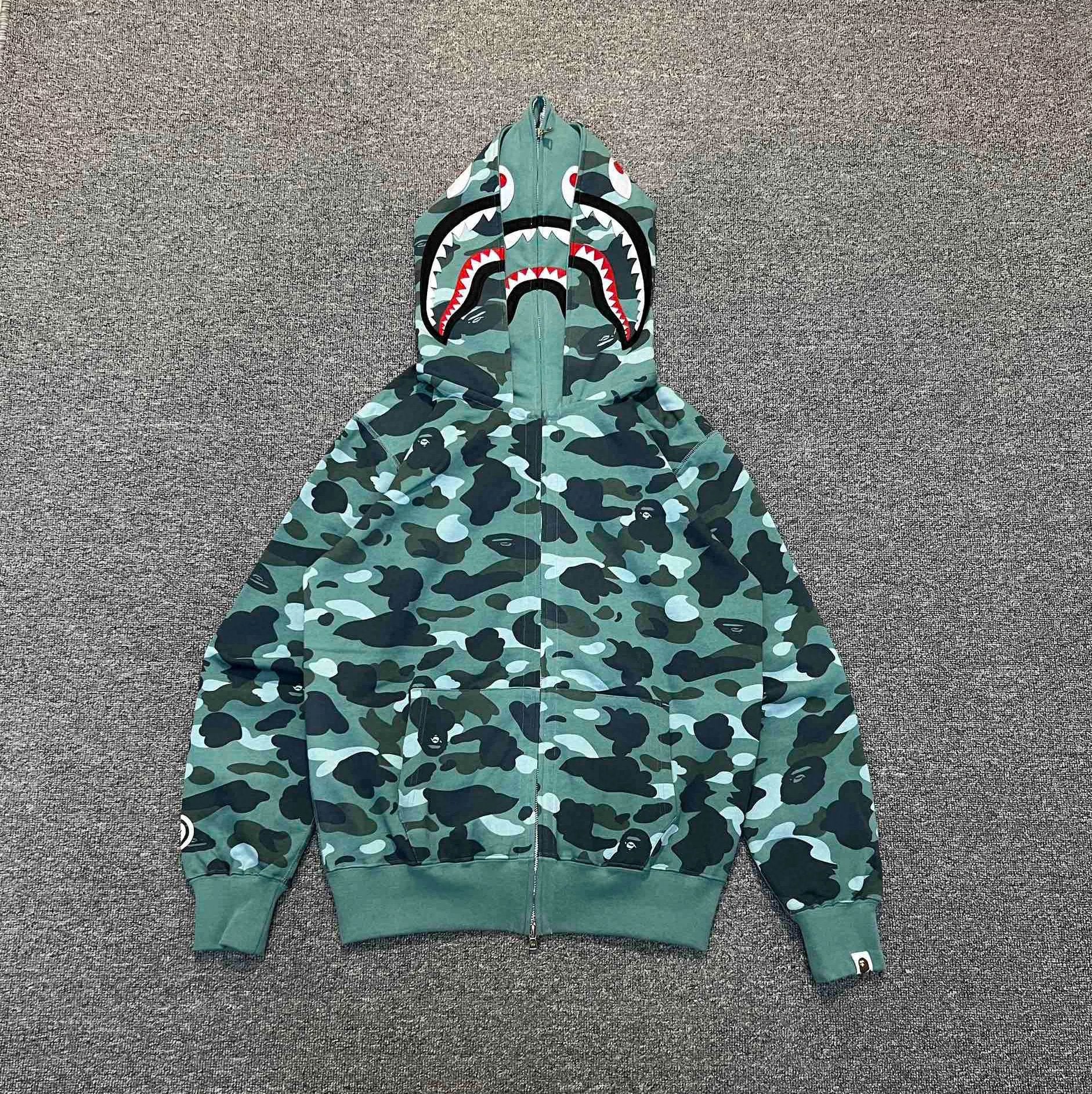 Bape Hoodie Top Version Fashion Brand Double Hood Shark Hooded Sweater Couple's Loose Heavy Cotton Pullover Hoodie