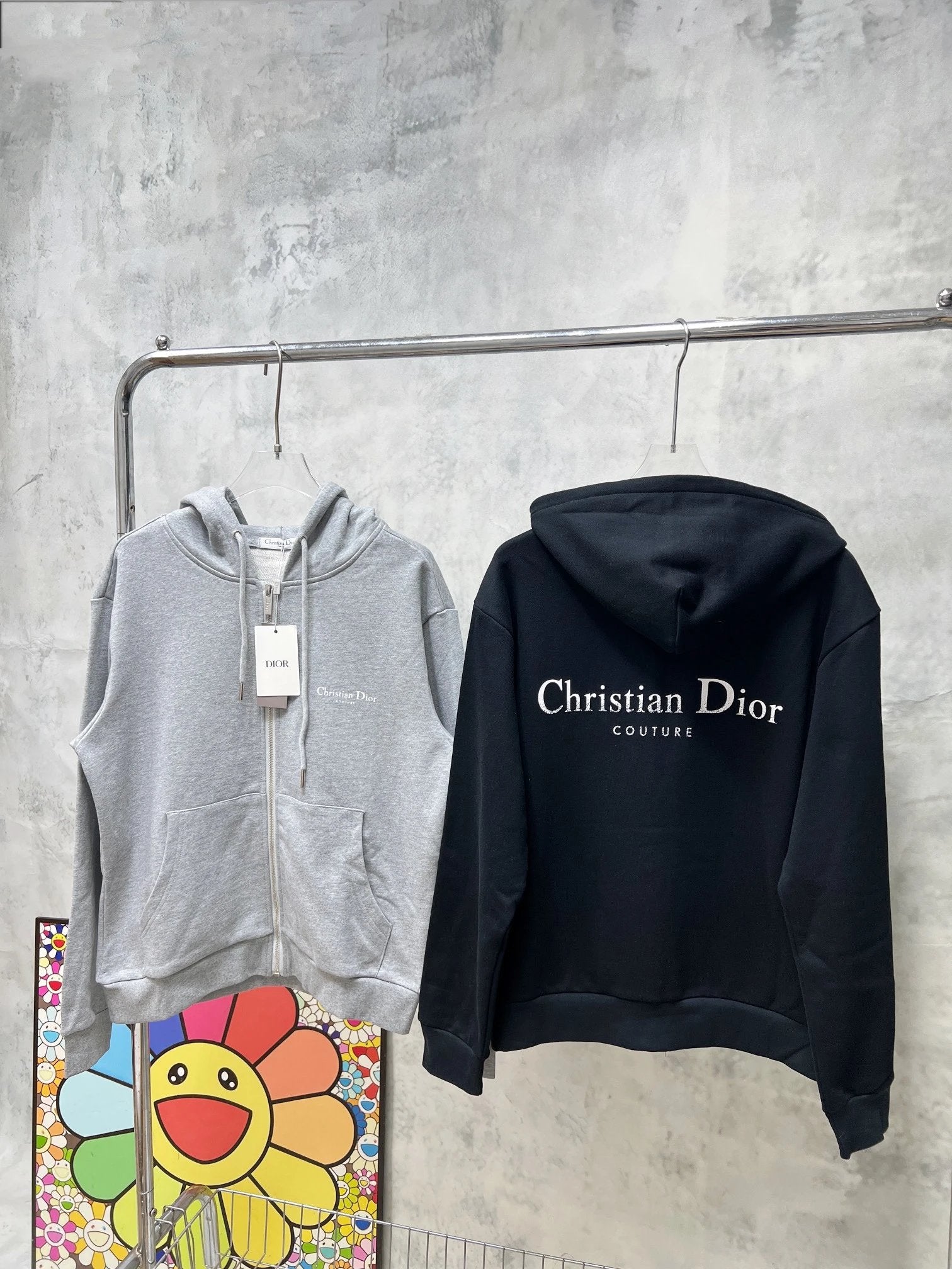 Dior Hoodie Front and Back Letter Distressed Print Hooded Jacket420100% Cotton Terry Zip-Up Jacket Sweatshirt Unisex24ss Autumn and Winter New Products