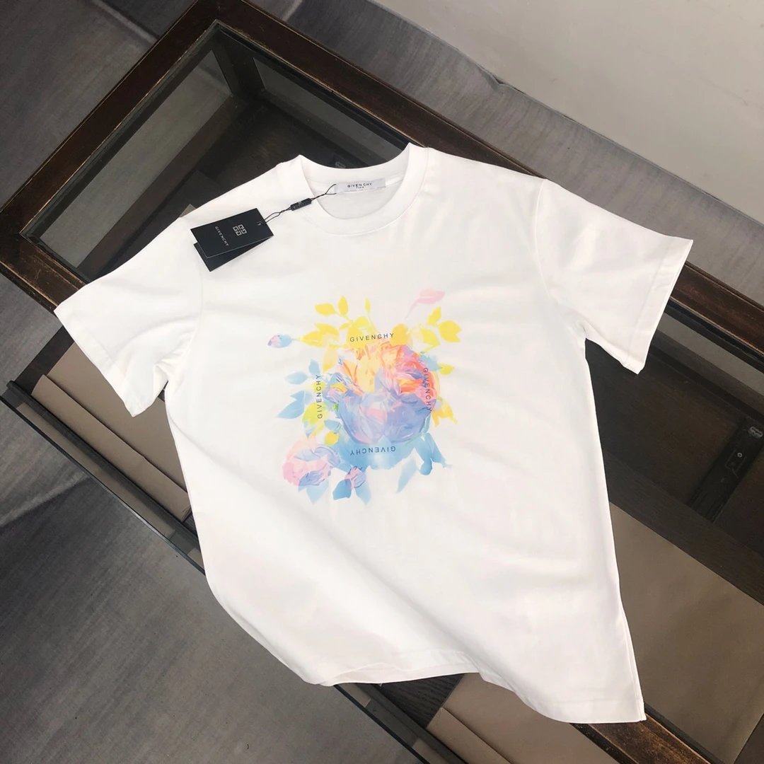 Givenchy T-shirt Colorful Floral Print on the Chest logo round Neck Short Sleeve25ss New Pure Cotton Unisex Style T T-shirt OS Loose Fit Base Shirt Half Sleeve T-Shirt Top Half Sleeve