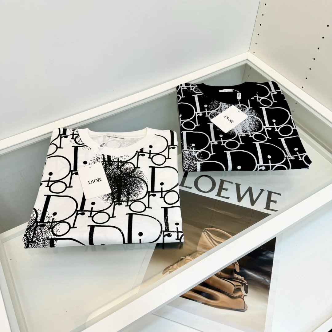 Dior T-shirt Allover Screen Printing logo round Neck Short Sleeve25ss New Pure Cotton Unisex Style T Casual T-Shirt Base Layer Shirt OS Loose Fit Half Sleeve Top Plus Size