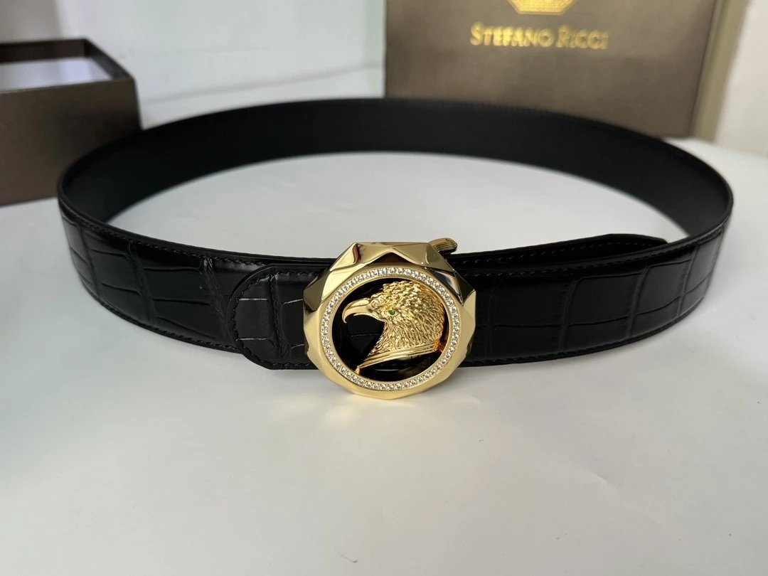 Stefano Ricci Belt Top version Original Order Men's Belt Width:3.8cm Boutique Eagle Head Fine Steel Buckle Gold Vacuum Plating New Belt Selected Italian First Layer Cowhide Shark Pattern with Crystal Calfskin Bottom