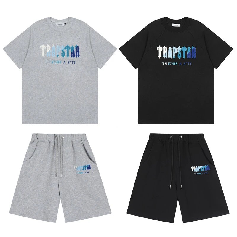 Trapstar T-shirt Summer Gradient Letters White and Blue Towel Embroidery Short Sleeve T T-shirt Shorts Men's Couple Casual Suit-CY