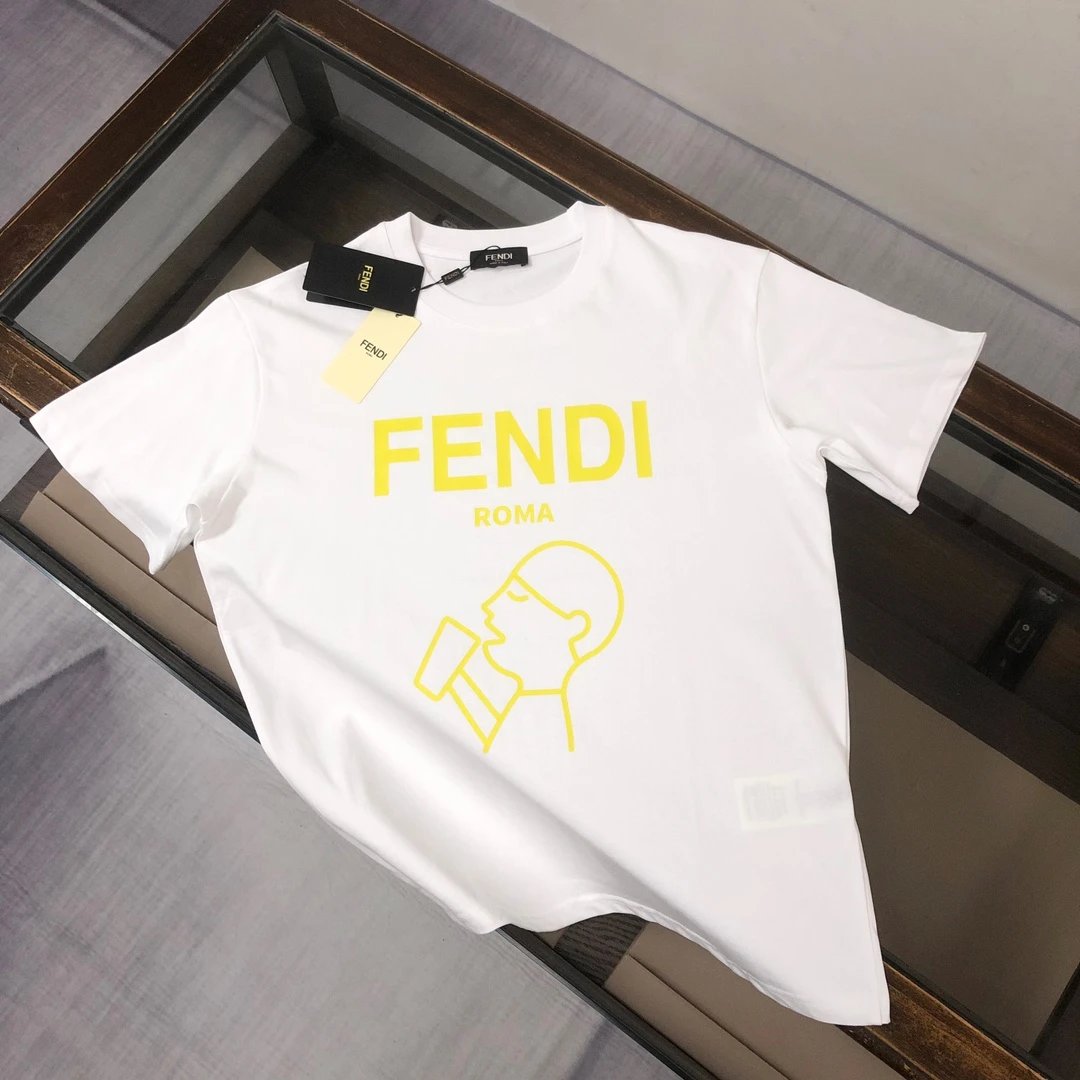 FENDI T-shirt Chest Front Portrait Letter Print logo round Neck Short Sleeve25ss New pure cotton T Unisex T-Shirt OS Drop Shoulder Loose Fit Base Shirt Top T-Shirt Short Sleeve