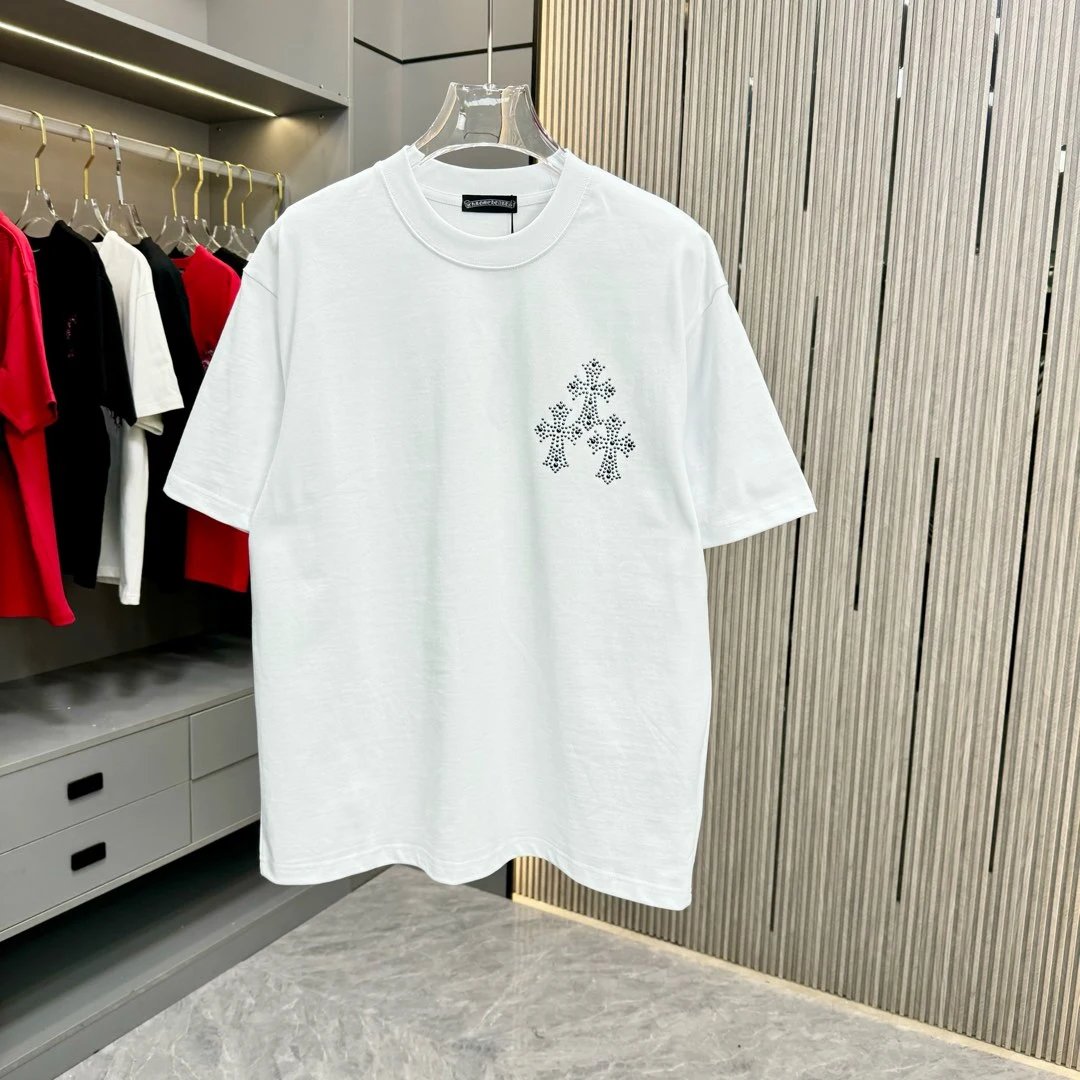 Chrome Hearts T-shirt A semicircular diamond and cut arrangement on the chest logo round Neck Short Sleeve25ss New pure cotton T Unisex T-Shirt OS Drop Shoulder Loose Fit Base Shirt Top T-Shirt Short Sleeve