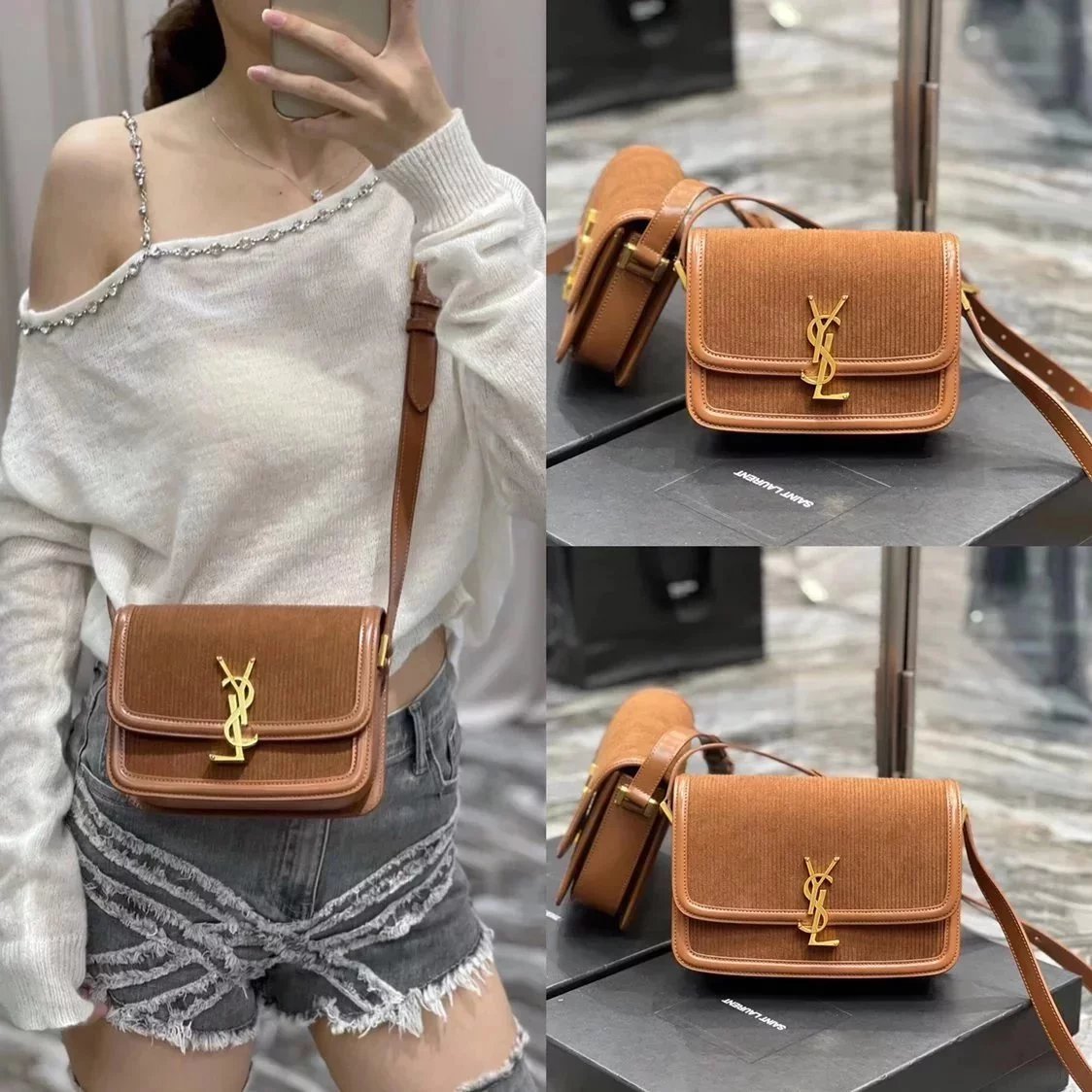 YSL Women's Bag Top version 【New Arrivals】Autumn and Winter New Corduroy Series solferinobox Handbag IT Crossbody Bag Shoulder Bag2022Winter Women's Bag