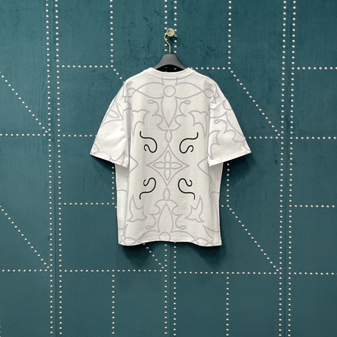 Louis Vuitton LV T-shirt Full Print Striped Vintage Floral Print logo round Neck Short Sleeve25ss New Pure Cotton Unisex Style T T-shirt OS Loose Fit Base Shirt Top Half Sleeve T-Shirt