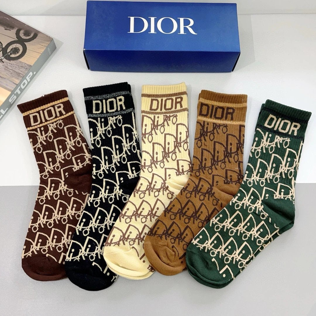 Dior Sock 【a Box5Double】Classic Letters logo Breathable and Stylish Pure Cotton Knee-High Socks25ss New Cotton Socks Spring Summer Autumn Thin Business Deodorant Sweat-Absorbing Sports Casual Versatile