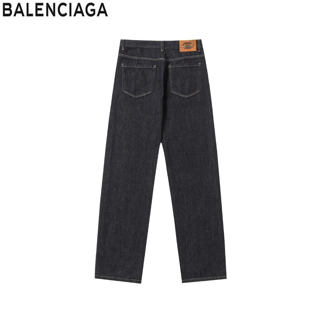 Balenciaga Jeans Back Waist Leather Tag logo Straight Washed Blue Jeans Autumn Winter New Unisex Loose Casual Wide Leg High Waist Pants