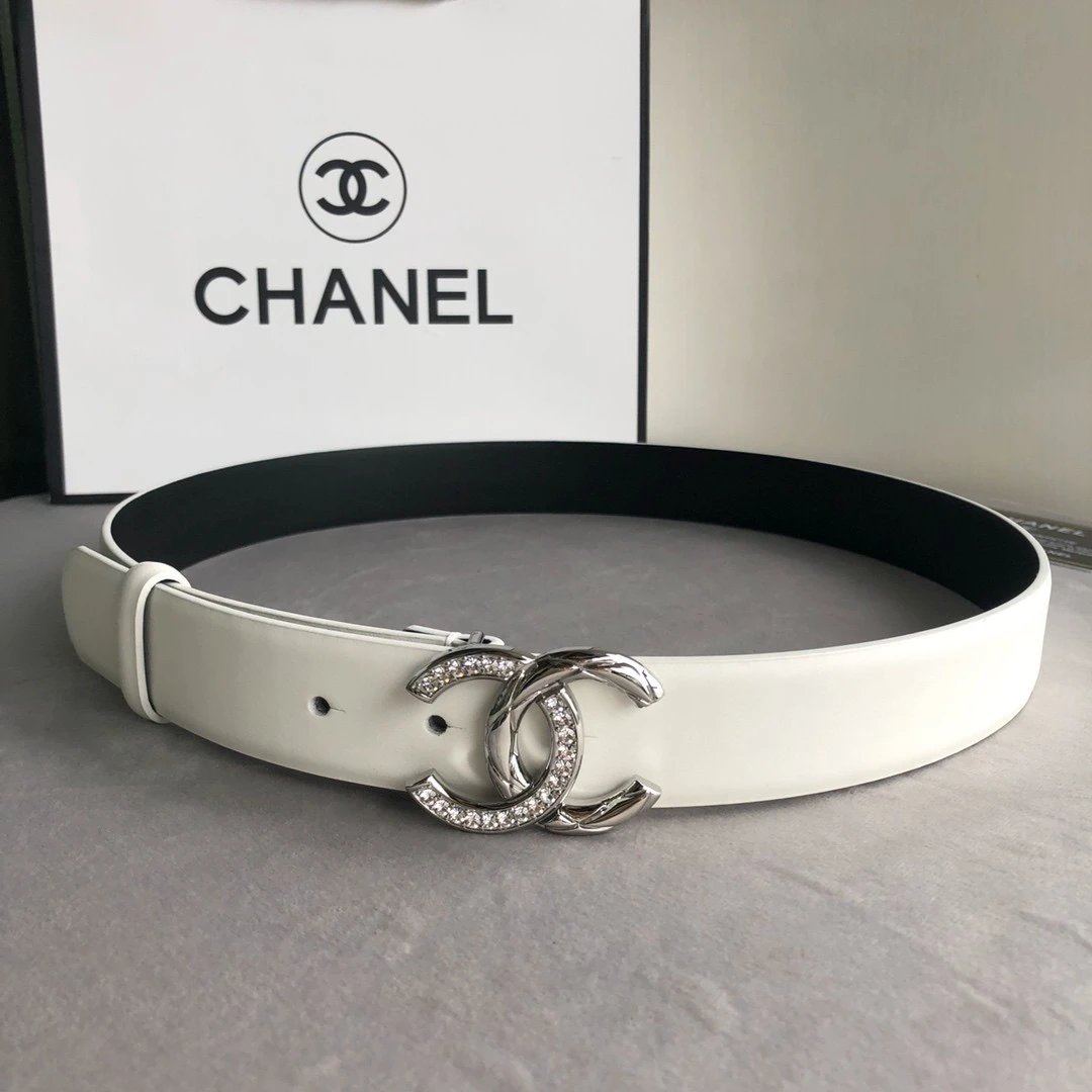 Chanel Belt Top version 【Special Cabinet Full Package】.Cow Leather Belt Silver Metal and Rhinestone.Width3.0mm Female Boutique Belt Female Boutique Belt Fashion Expert Elegant and Generous Business Casual Belt Belt Belt Women's Belt Women