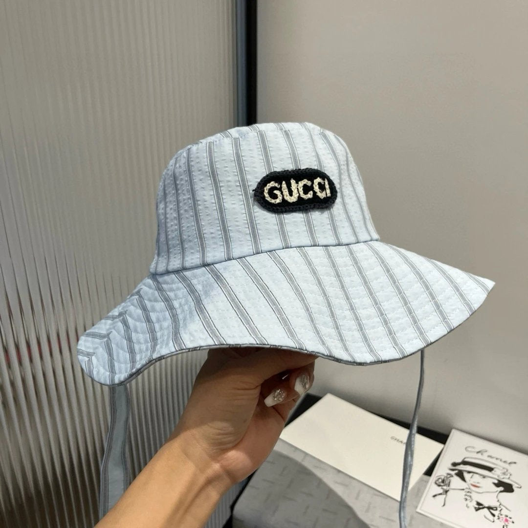 Gucci Hat Stripes logo Fisherman Hat Casual Sun Protection Plain Face Covering Sunshade Outdoor UV Protection Versatile Flat Top Bucket Hat