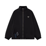 PRADA Jackets Triangle Logo Reversible Fleece Jacket for Men and Women, New Autumn Winter Sports Casual Loose Fit Versatile