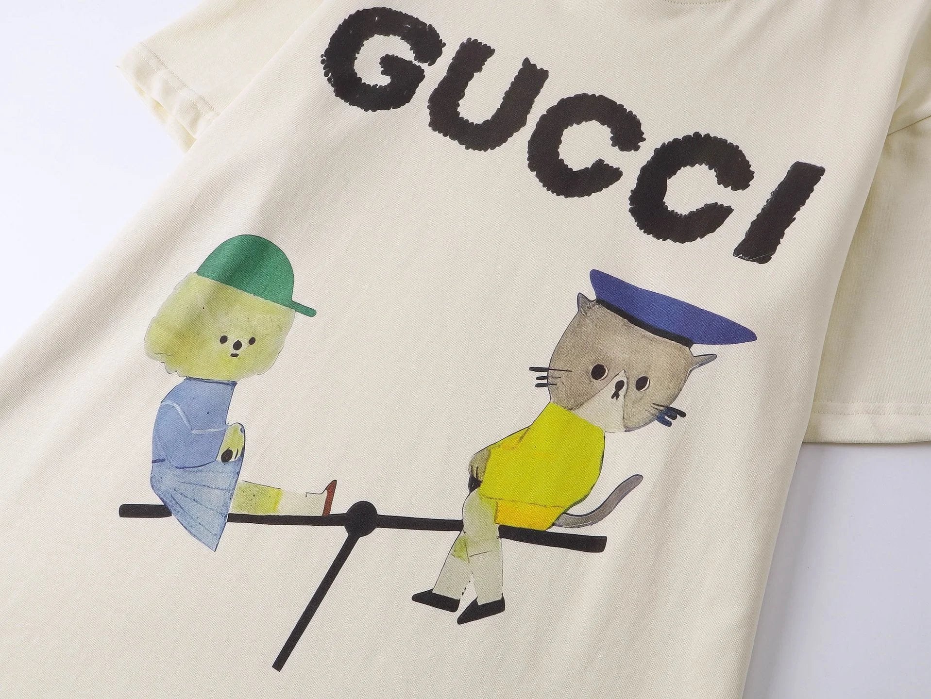 Gucci T-shirt Chest Cat Seesaw Print logo round Neck Short Sleeve25ss New Pure Cotton Unisex Style T Casual T-Shirt Base Layer Shirt OS Loose Fit Half Sleeve Top Plus Size