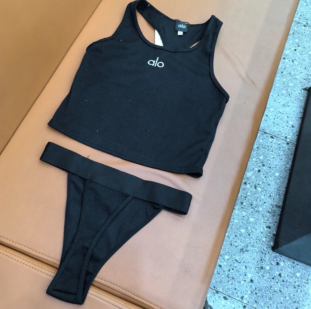 Alo Yoga Swimsuit Letter Embroidery Bikini Two-Piece Swimsuit Sexy Backless White Small Chest Gathered Beach Pool Women's Swimwear Vacation Hot Spring