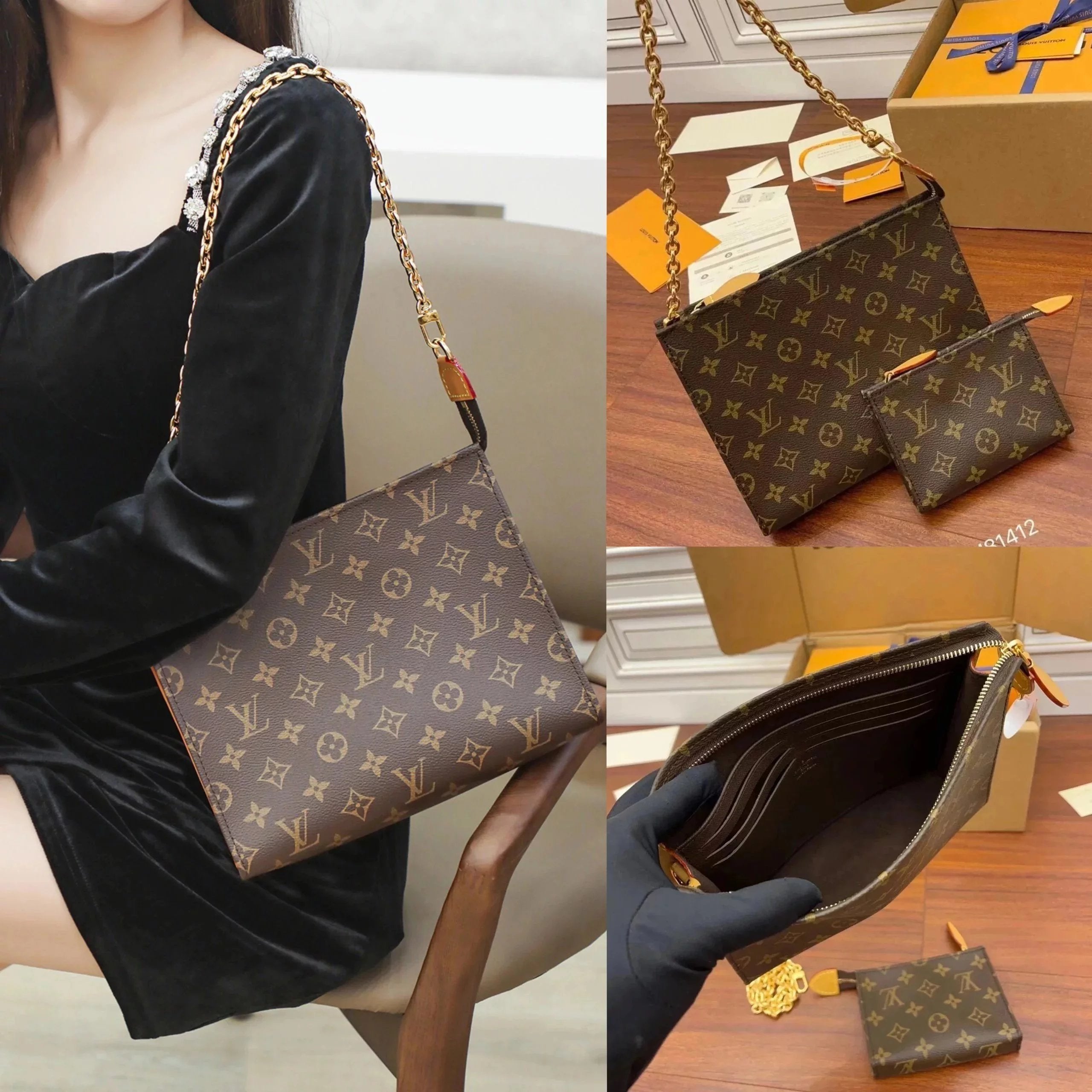 Louis Vuitton LV Women's Bag Top version M81412PochetteVoyage Medium Handbag Two-in-One Chain Bag Metal Chain Underarm Bag Detachable Shoulder Strap25cm Wash Bag Clutch Personal Hygiene Bag Mother Bag Coin Purse Shoulder Bag