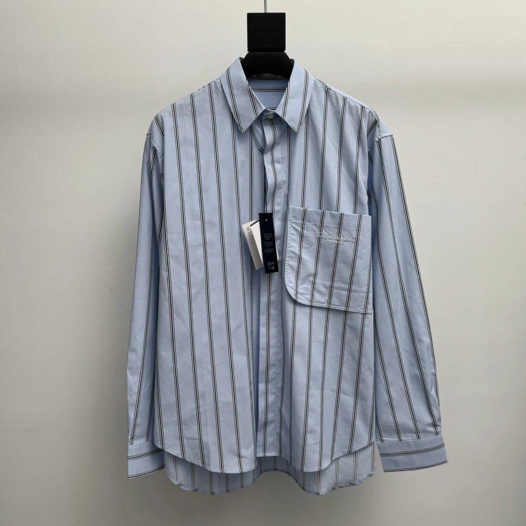 Dior Shirt 24New Embroidered Light Blue Striped Cotton Poplin Shirt Casual Loose Versatile Long Sleeve Shirt Cardigan Unisex Os Version