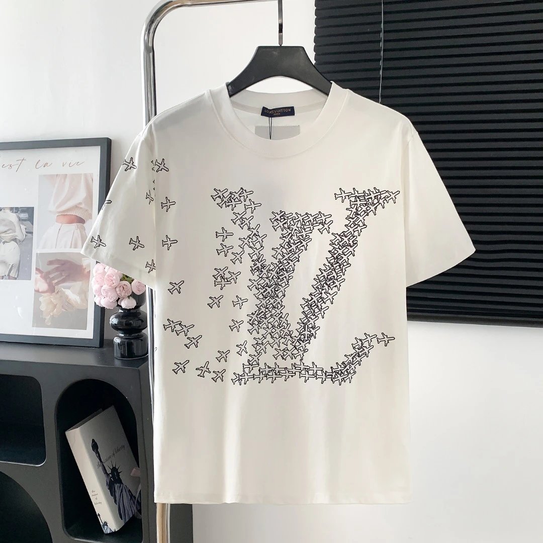 Louis Vuitton LV T-shirt Chest with Airplane Letter Print logo round Neck Short Sleeve25ss New pure cotton T Unisex T-Shirt OS Drop Shoulder Loose Fit Base Shirt Top T-Shirt Short Sleeve