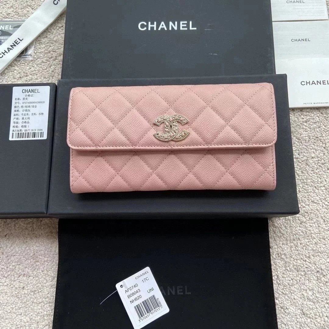 Chanel Women's Bag Top version Fengjia Mid-Length Flip Wallet Double CC Home Mobile Phone Bag Women's Wallet Women's Wallet Imported Italian Fine Grain Cowhide Size:w19×h10.5×d3cm Color:Pink Ball Pattern Golden...