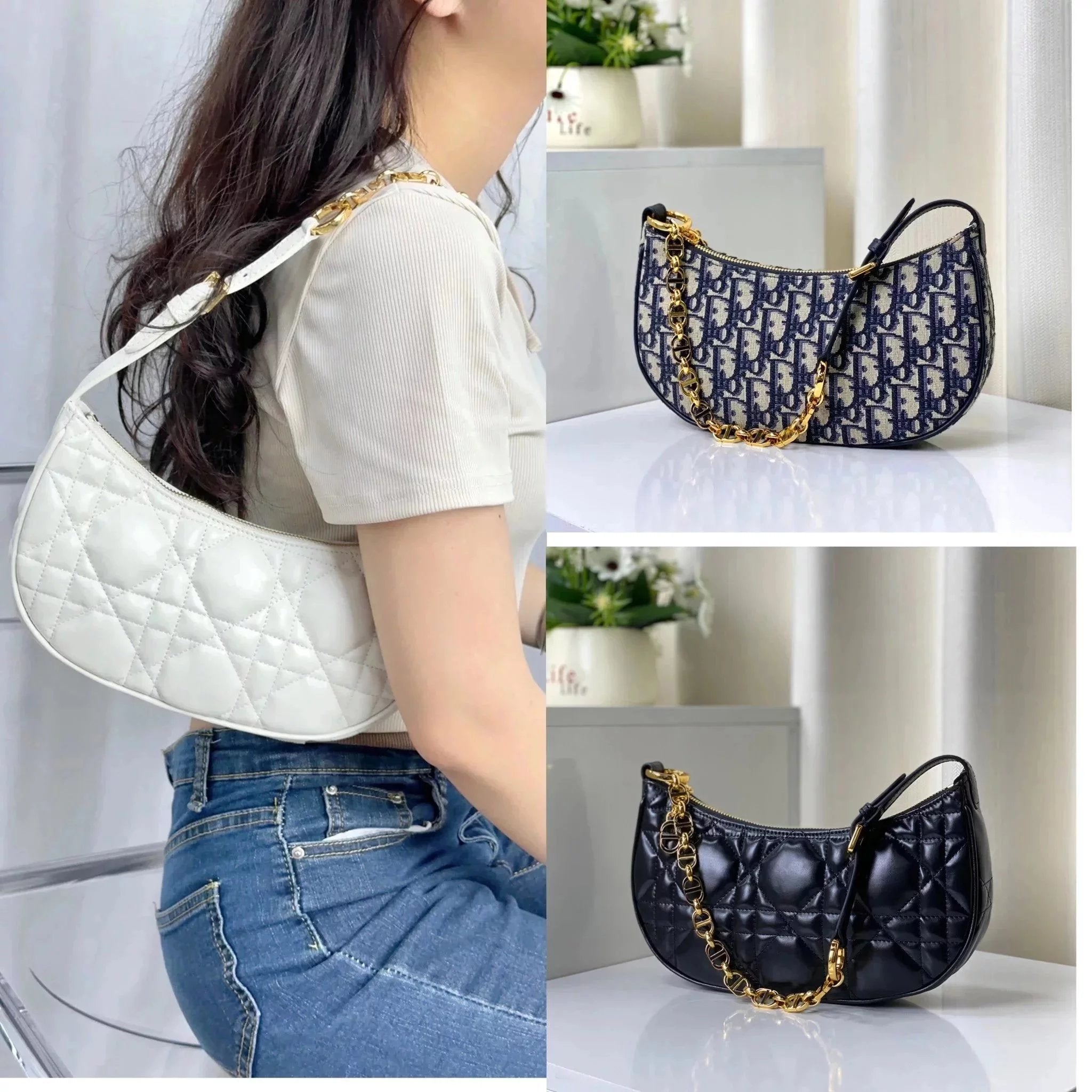 Dior Women's Bag Top version 【Original Leather】2024Spring and Summer New Enamel Buckle Chain Underarm Bag New Selenodont Bag Hobos Moon Bag Chain Underarm Bag Women's Bag Monogram Bag Small Bag Mobile Phone Bag