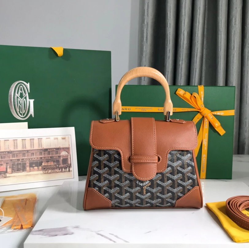 Goyard Bag Top version Saigon Bag Saigonmini Wooden Handle Handbag New Version Silk Screen Saigon Bag Shoulder Messenger Bag Kelly Women's Bag