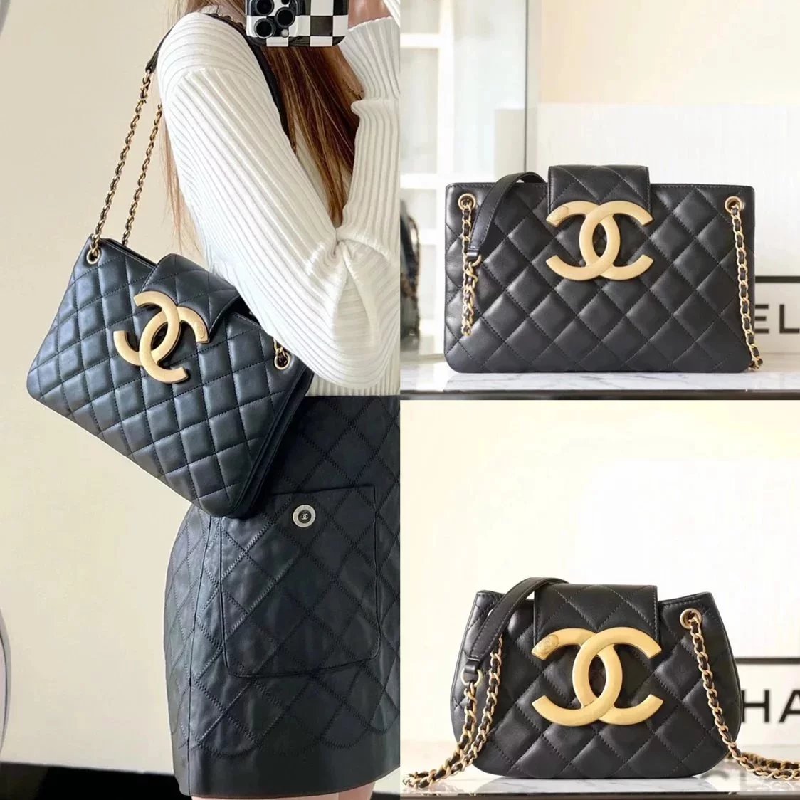 Chanel Women's Bag Top version 【ZP Original Sheepskin】Pure Copper Hardware24C Early Spring New Big logo Round Shoulder Bag Horizontal Shopping Bag Large C Buckle Shoulder Crossbody Underarm Portable Tote Bag Women's Bag