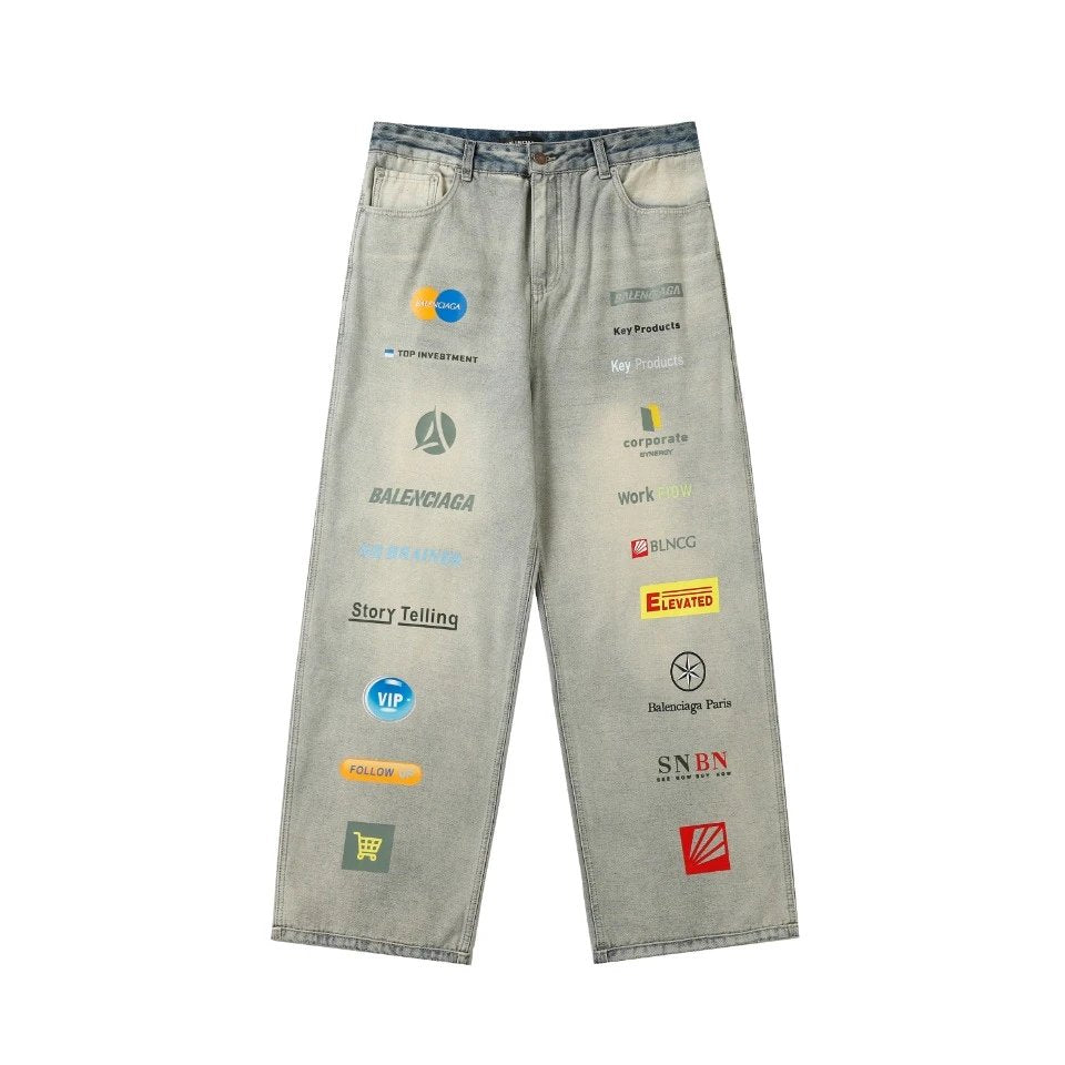 Balenciaga Jeans Full logo logo Straight Washed Blue Jeans Autumn Winter New Unisex Loose Casual Wide Leg High Waist Pants