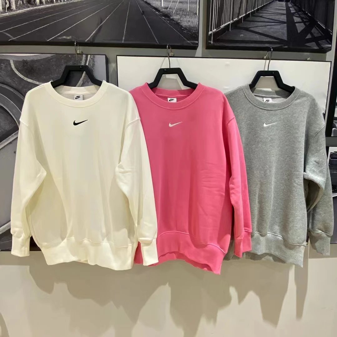 Nike Autumn and Winter Women's Sweater Sports Casual Small Hook Loose round-Neck with Fleece Lining Pullover DQ5734